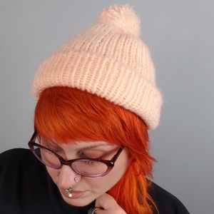 Light Peach Pink Knit Beanie Pom Pom Hat